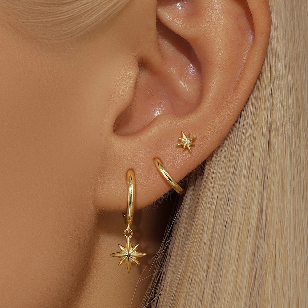 "3-Piece Gold Star Drop Earrings Set – Unisex Stainless Steel Dangle Jewelry"