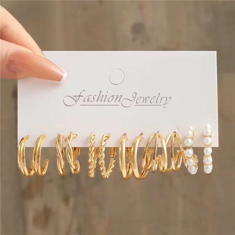 "Boho Gold Pearl Hoop Earrings Set – Vintage Geometric Design"