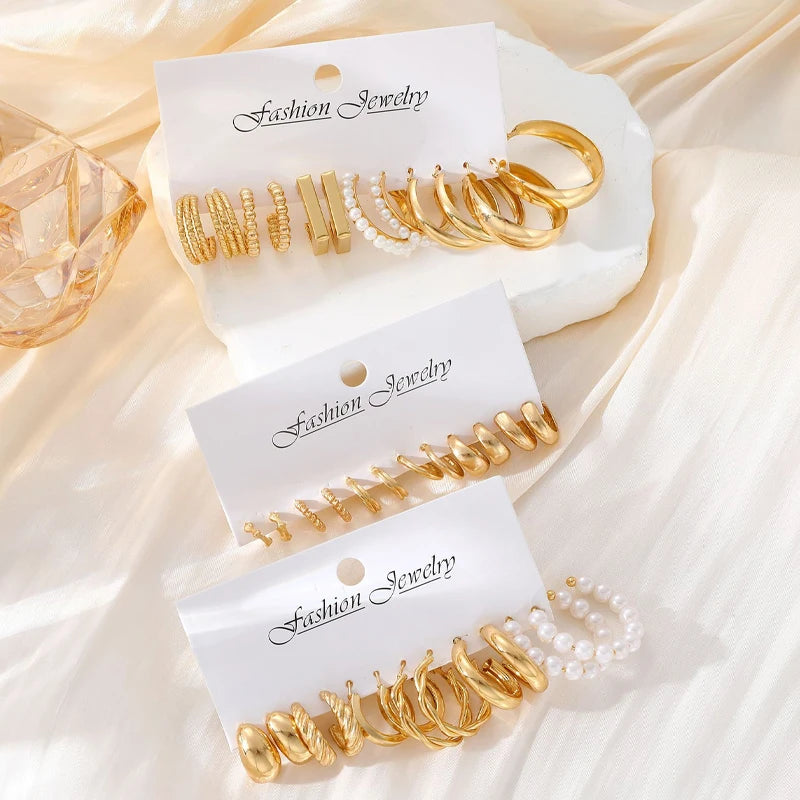 "Boho Gold Pearl Hoop Earrings Set – Vintage Geometric Design"