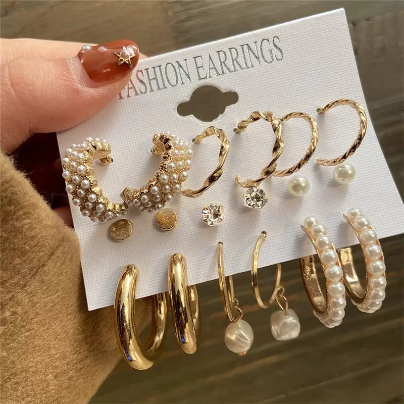 "Boho Gold Pearl Hoop Earrings Set – Vintage Geometric Design"