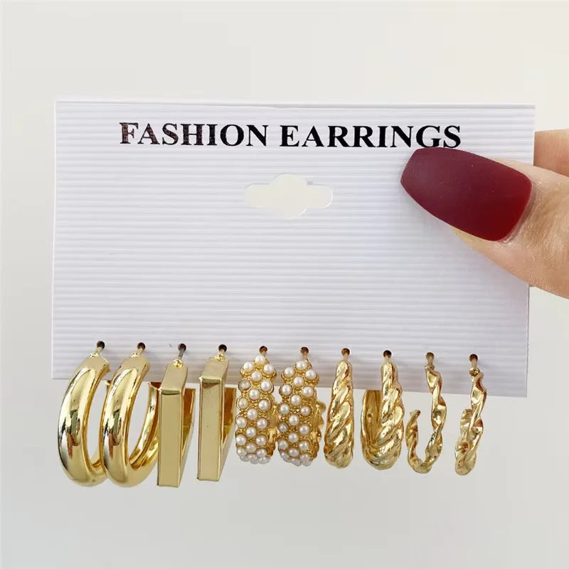 "Boho Gold Pearl Hoop Earrings Set – Vintage Geometric Design"