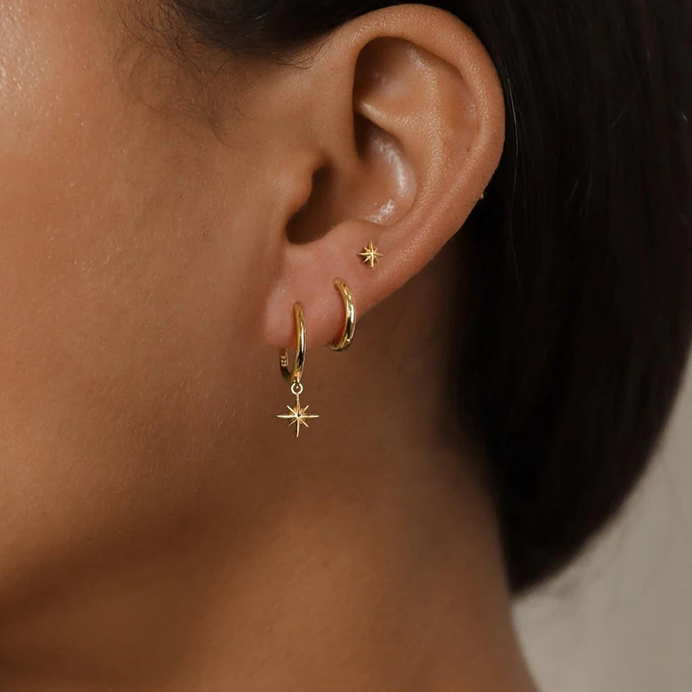 "3-Piece Gold Star Drop Earrings Set – Unisex Stainless Steel Dangle Jewelry"