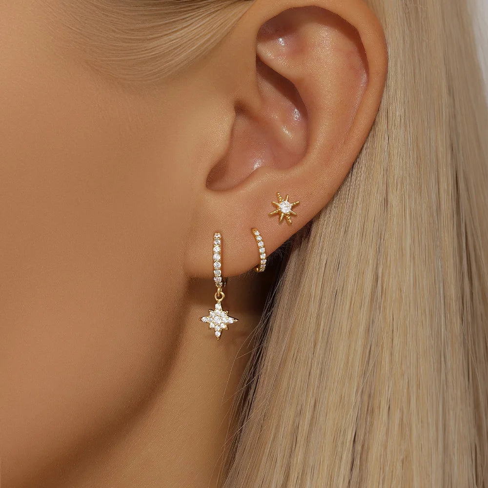 "3-Piece Gold Star Drop Earrings Set – Unisex Stainless Steel Dangle Jewelry"
