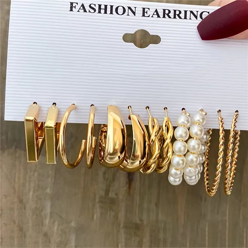 "Boho Gold Pearl Hoop Earrings Set – Vintage Geometric Design"